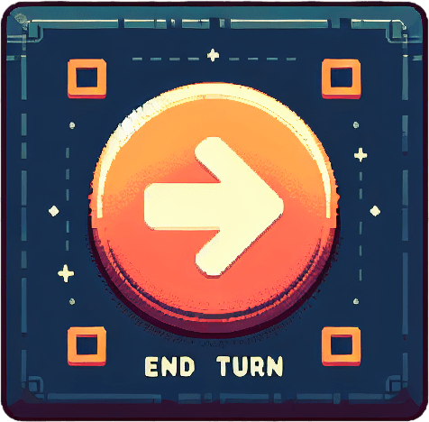 A glowing horizontal arrow button that says "End Turn"..
Single Game Texture. In-Game asset. 2d. Blank background. High contrast. No shadows.