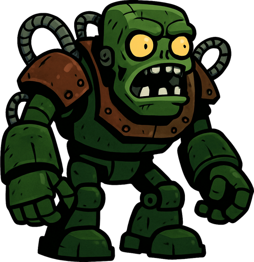 Cuerpo Robusto y Verde: El Zombot es una mole robótica de gran tamaño, con un cuerpo predominantemente de color verde oscuro, que le da un aspecto industrial y amenazante. Sus "hombros" y parte del torso están cubiertos por una armadura de color óxido o marrón rojizo, con remaches visibles.

Cabeza de Zombi Grande: La cabeza del robot es grande y cuadrada, también de color verde, con mandíbulas inferiores prominentes que se abren para revelar dientes afilados. Tiene dos grandes ojos amarillos brillantes que emiten una luz siniestra, lo que lo hace parecer una versión robótica y gigantesca de un zombi común.

Múltiples Mangueras y Cables: Varias mangueras o tuberías metálicas segmentadas sobresalen de sus hombros y otras partes del cuerpo, conectándose a sus brazos y cabeza, lo que sugiere un complejo sistema mecánico y de fluido.

Brazos y Piernas Robóticas Grandes: Sus brazos son enormes y fornidos, con grandes manos que terminan en "dedos" gruesos y redondeados, capaces de infligir u.
In-Game asset.  2d.  High contrast.  No shadows