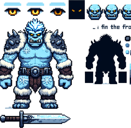 A frost orc enemy sprite. pixelart. front view. Single Game Texture. In-Game asset. 2d. Blank background. High contrast. No shadows.