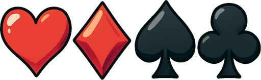 The four card suits. Hearts, diamonds, spades and clubs. Anime style..
In-Game asset.  2d.  High contrast.  No shadows