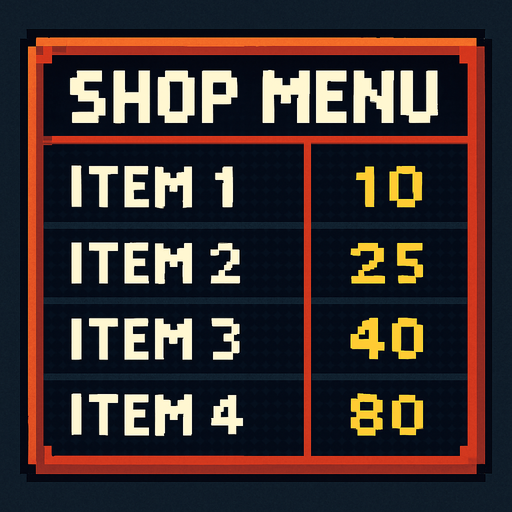 shop written menu tabela pixel.
In-Game asset.  2d.  High contrast.  No shadows