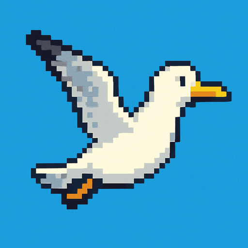 seagull looking to the right, pixelart, flying.
In-Game asset.  2d.  High contrast.  No shadows