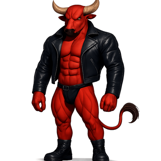 man Cyberpunk manga, minotaur monster hunk, shiny black leather biker jacket longsleeves shirtless muscles, jockstrap combat boots, Background removed, "Full-body character, entirely in frame, no cropping of face, head, or feet" "Complete character visible, from horns to hooves, fully centered in the image" "Entire character, including face and boots, fully within the frame" Character fully contained within a square frame, no edges cut off fashion model idle pose