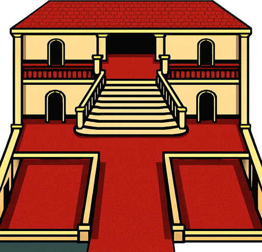 una mansion con piso rojo vista completa y totalmente desde arriba y desde dentro con una escalera grande igual que la de scarface la pelicula y pasillos a los lados.
In-Game asset.  2d.  High contrast.  No shadows