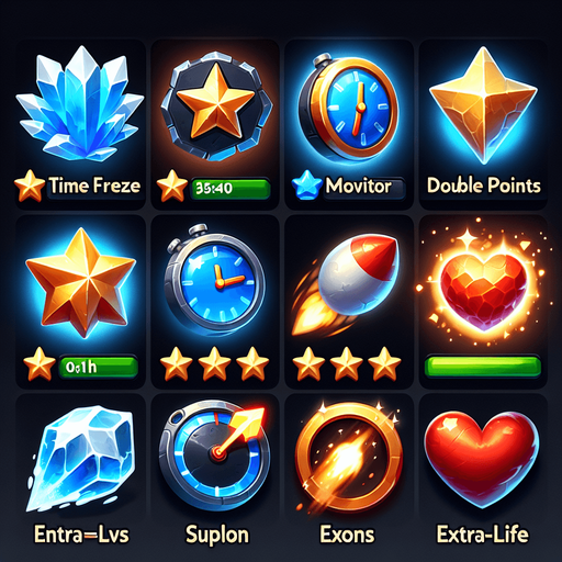 A set of vibrant, game-ready power-up icons designed for a fast-paced slicing game. The icons should have a glossy, high-quality 3D look with a slight glow effect. Each power-up represents a unique ability: a time freeze (ice crystal), a double points booster (golden star), a slow-motion effect (blue clock with a motion blur), an explosion (fiery bomb), and an extra life (red heart). The icons should be visually distinct and optimized for mobile gaming, rendered in 256x256 resolution with a transparent background.".
Single Game Texture.  In-Game asset.  2d.  Blank background.  High contrast.  No shadows