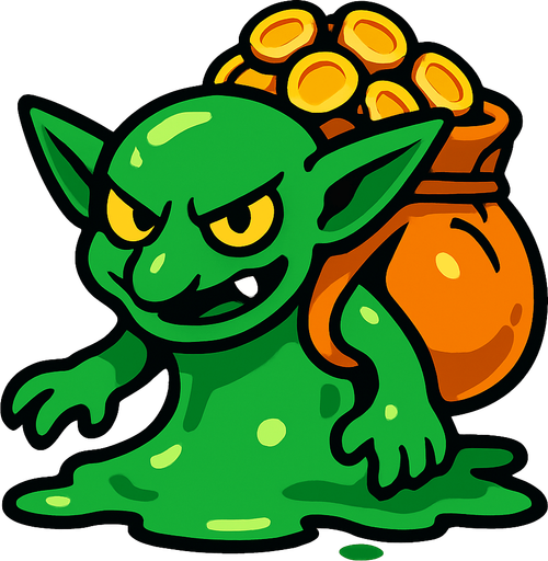 a goblin slime which have backpack fully coins.
In-Game asset.  2d.  High contrast.  No shadows