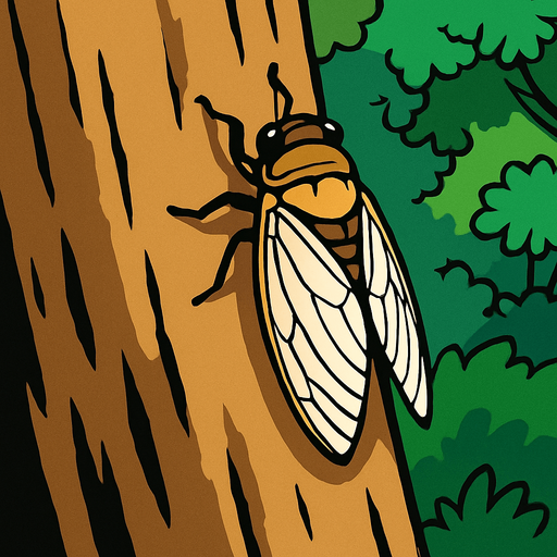 gambar 2d anime cicada hinggap di batang besar lebar pohon.
In-Game asset.  2d.  High contrast.  No shadows