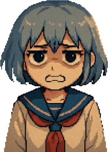 Yui is a cute 15-year-old anime girl with big black eyes and short, soft blue-gray hair (HEX: #b0b9d8). She wears a traditional Japanese school uniform called a sailor fuku. In this Pixel Art scene, Yui looks clearly upset—she has very noticeable dark circles under her eyes, her eyebrows are tense, and her teeth are pressed together in frustration. Her arms are relaxed and down at her sides, showing no physical aggression, just quiet tension. She’s inside a school locker, looking out through a metal grate with a serious, focused expression. The entire scene is viewed from inside the locker, with soft light coming through the vents, casting gentle shadows across her face and creating a slightly tense but family-friendly atmosphere.