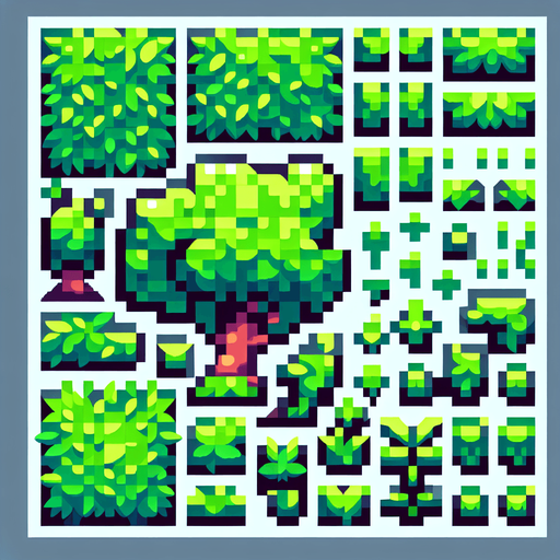 Pixel art, Top down view green grass and a couple trees.
Single Game Texture. In-Game asset. 2d. Blank background. High contrast. No shadows.