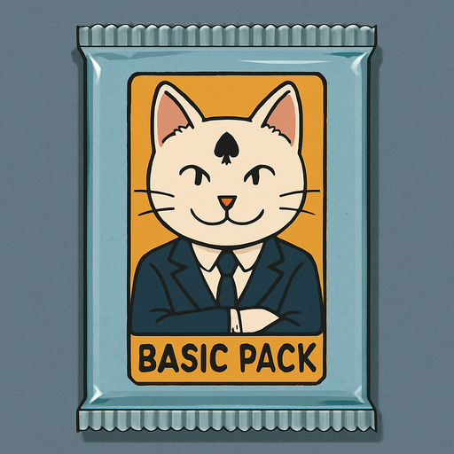 The white cat from this picture looking straight forwards and smiling, with his arms crossed on the front of a booster pack of collectible cards in plastic and seen from the front. The words “Basic Pack” on the pack underneath the picture.