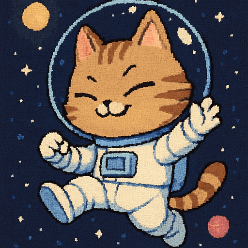 A cute kitten, illustrated in an adorable chibi anime style and wearing an astronaut suit, is leaping through outer space with a smug, confident smile on its face. Its pose is full of playful energy