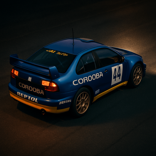 Photorealistic Seat Cordoba Rallycar in nightlight, drone topview from back and 45 degrees angle in top right corner