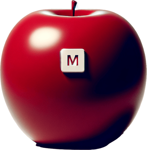 a white sign with a small "m" on a red apple..
Single Game Texture. In-Game asset. 2d. Blank background. High contrast. No shadows.