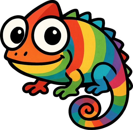 kocaman gözleri olan ve ağzında olan her renge göre renk değiştiren bir bukalemun.
In-Game asset.  2d.  High contrast.  No shadows