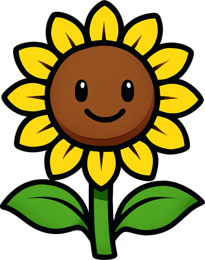 Un girasol con una cabeza redonda y marrón con pétalos amarillos brillantes que lo rodean como una corona. Su tallo es verde y tiene dos hojas grandes y anchas que sobresalen a los lados. En su cara, tiene dos ojos pequeños y negros, y una boca curvada en una sonrisa amigable..
In-Game asset.  High contrast.  No shadows