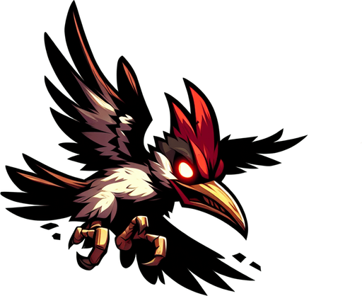 flyin evil woodpecker bird.
Single Game Texture.  In-Game asset.  2d.  Blank background.  High contrast.  No shadows