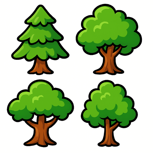 tree cartoons.
In-Game asset.  2d.  High contrast.  No shadows