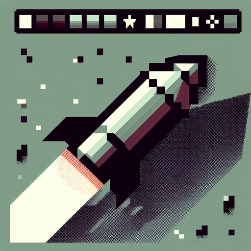 an 8-bit missile pointing upward.
Single Game Texture. In-Game asset. 2d. Blank background. High contrast. No shadows.