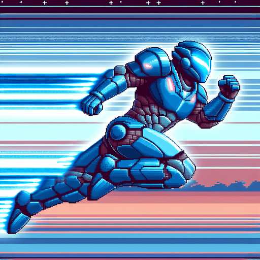 a blue iron man style armor flying horizontally.
Retro gaming style