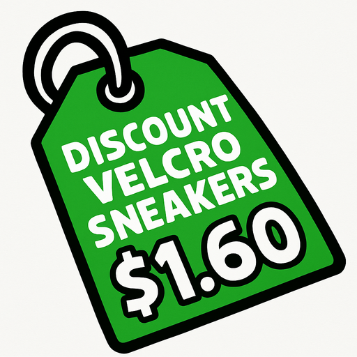 Green pricetag that says discount Velcro sneakers $1.60.
In-Game asset.  2d.  High contrast.  No shadows
