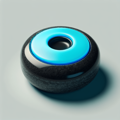 Black curlingstone with neonblue top, top view.