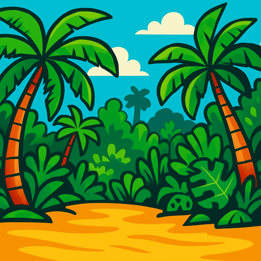 The beach of a tropical island, though the ocean is not to be seen in the background there is just a vibrant jungle.
In-Game asset.  2d.  High contrast.  No shadows