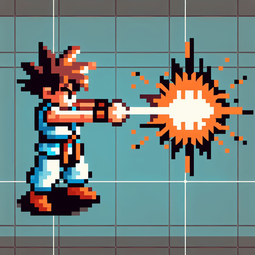 Goku arms doing kamehameha. seen from above. 8-bit. Cartoon. In game asset. No shadow Single Game Texture. In-Game asset. 2d. Blank background. High contrast. No shadows.