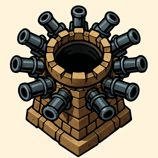 torre con 10 cañones desde arriba.
In-Game asset.  2d.  High contrast.  No shadows
