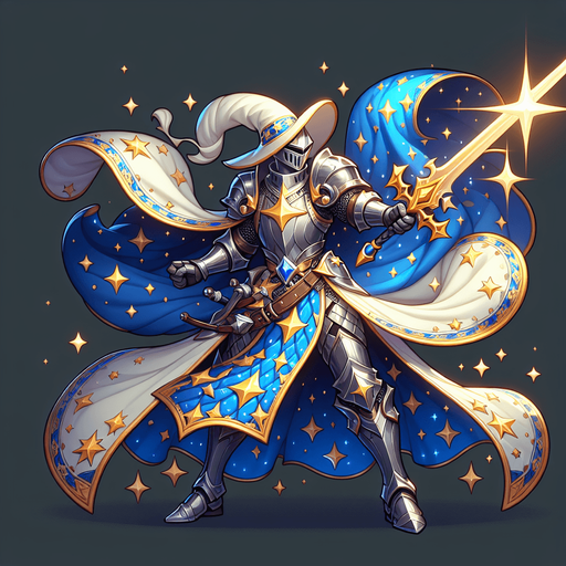 Heroic wizard knight wearing knight armor with a star pattern and wielding a sword..
Single Game Texture. In-Game asset. 2d. Blank background. High contrast. No shadows.