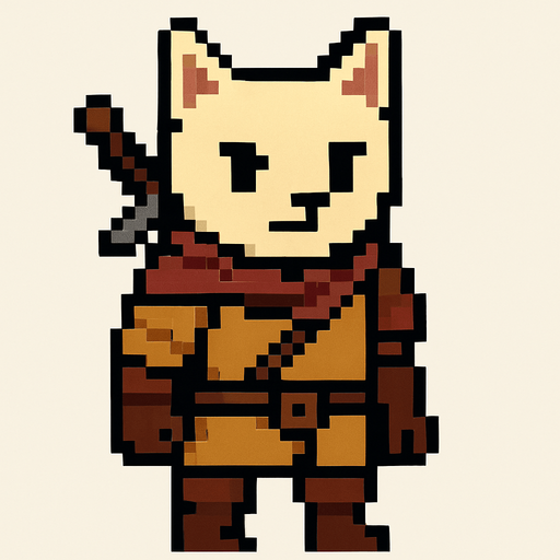 cat human, pixel art, half, adventurer.
In-Game asset.  2d.  High contrast.  No shadows