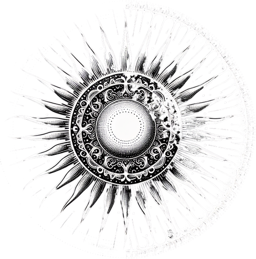 plain white intricate sun icon. black background