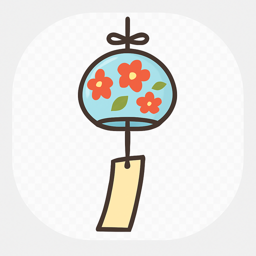 A flat, vector-style illustration of traditional Japanese wind chimes (furin) hanging from a string with a small paper tag. Gentle, peaceful design, transparent rounded background, suitable for mobile UI use..
In-Game asset.  2d.  High contrast.  No shadows