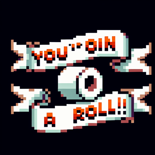 text saying "You’re on a roll!" against a toilet paper banner. pixelated. 8-bit.
Single Game Texture. In-Game asset. 2d. Blank background. High contrast. No shadows.