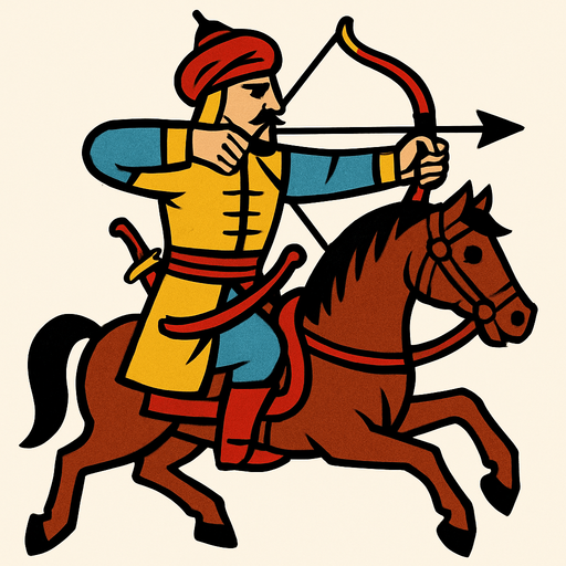 A soldier from the Ottoman period using a bow and arrow on a horse.
In-Game asset.  2d.  High contrast.  No shadows