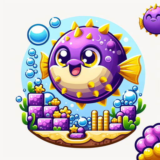 a game logo for a game called 'Bubble Blower Tycoon' about a happy purple pufferfish with yellow fins and spines that builds an underwater empire of bubbles. Cartoon.
Single Game Texture.  In-Game asset.  2d.  Blank background.  High contrast.  No shadows