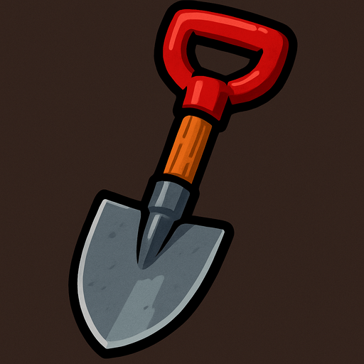 pequeña pala de acero, con mango de madera y un agarre de color rojo.
In-Game asset.  2d.  High contrast.  No shadows