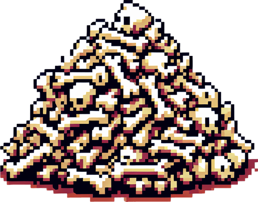 Single Game Texture. In-Game asset. 2d. Blank background. High contrast. No shadows. Single Game Texture. In-Game asset. 2d. Blank background. High contrast. No shadows. A pixel art sprite in a Super Nintendo, Super Castlevania style that looks like a small pile of bones