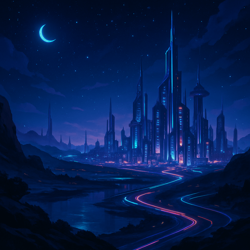 landscape of a furturistic world by night