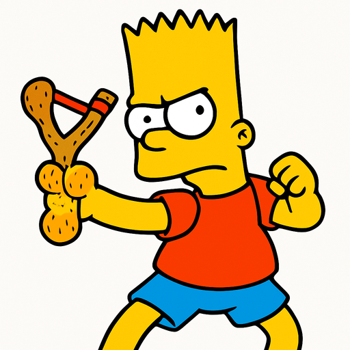 Bart holding a light brown slingshot shaped like a peanut. Make him be in a fighting stance 
In-Game asset.  2d.  High contrast.  No shadows