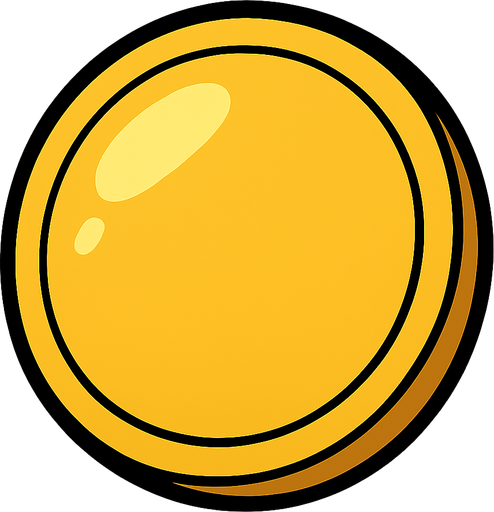 Simple golden coin, rounded, shiny, big black outline, funny