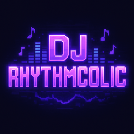 A bold and stylish pixel art logo text for the game title “DJ RHYTHMCOLIC” designed for a lo-fi rhythm pixel art game. The text is large, vibrant purple with neon glow effects, featuring a retro pixel font that looks futuristic and energetic. Behind the text, subtle pixelated neon sound waves and small music notes float gently in purple and blue hues, blending with a cozy DJ studio atmosphere. The background is transparent or very dark to highlight the glowing title. The style matches a dreamy, neon-lit nighttime vibe with pixel-perfect detail..
In-Game asset.  2d.  High contrast.  No shadows