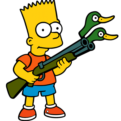 Bart holding a shotgun with 2 duck heads instead of barrels and make sure that Bart's body is fully visible
In-Game asset.  2d.  High contrast.  No shadows