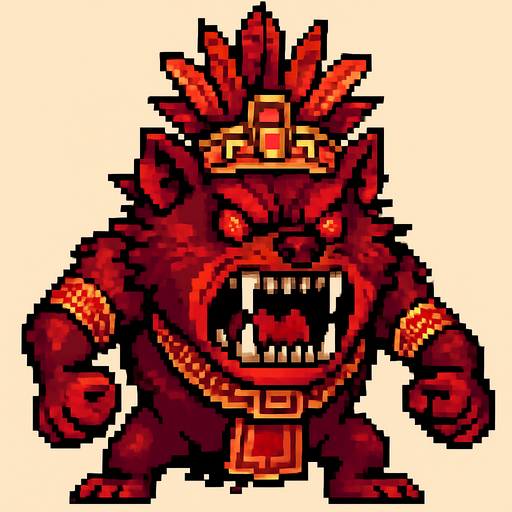 Genérame una Demonio de Tasmnia guerrero azteca con eso patrones, estilo pixelar, con una apariencia maligna, ojos rojos, rabioso. POderes, super rojo y rabioso, como un ejfe final. Animal. No tiene arams solo una gran y poderosa mordida.
In-Game asset.  2d.  High contrast.  No shadows