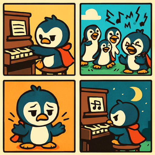 4-panel comic strip, no text, cute cartoon style, bright colors, black outlines.
Characters: Penguin Hero (small, determined) + Village Penguins
Central Theme: Music connects hearts, piano mastery wins love. Story: Hero faces challenges and obstacles in his musical journey

Panel 1: Hero struggles with difficult piano piece, frustrated
Panel 2: Other penguins mock his practicing, musical notes look harsh/jagged
Panel 3: Hero's flippers are sore, he looks exhausted
Panel 4: But Hero persists, practicing by moonlight, determined expression
In-Game asset.  2d.  High contrast.  No shadows
