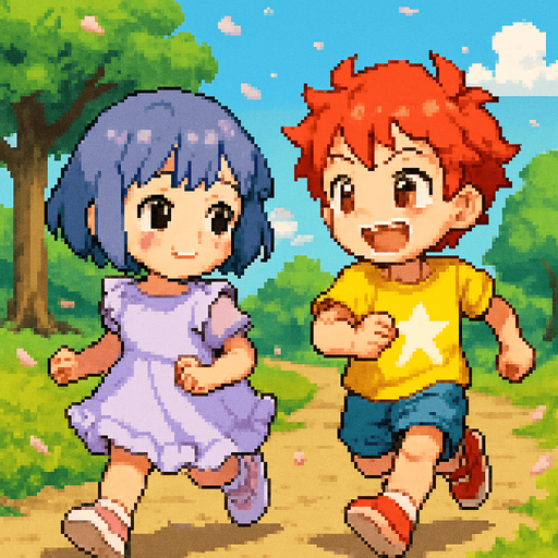 Yui y un niño anime, ambos de 5 o 6 años, corren por un parque soleado en una carrera infantil. Yui tiene el cabello corto, suave, azul grisáceo (HEX: #b0b9d8) y ojos negros. Lleva un vestido lavanda claro con volantes blancos y zapatillas blancas con detalles rosa pastel. Sonríe tímidamente con mejillas sonrojadas mientras corre con pasos pequeños.

El niño tiene cabello pelirrojo alborotado y ojos rojos intensos. Lleva una camiseta amarilla brillante con una estrella blanca, pantalones cortos azul claro y zapatillas rojas. Corre con energía, sonriendo ampliamente, mirando a Yui con entusiasmo.

La escena está en Pixel Art, con césped verde, árboles y pétalos flotando. Ambos se ven felices, reflejando un momento puro de infancia.