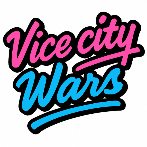 letras de color rosa y azul y con cursiva que digan vice city wars.
In-Game asset.  2d.  High contrast.  No shadows