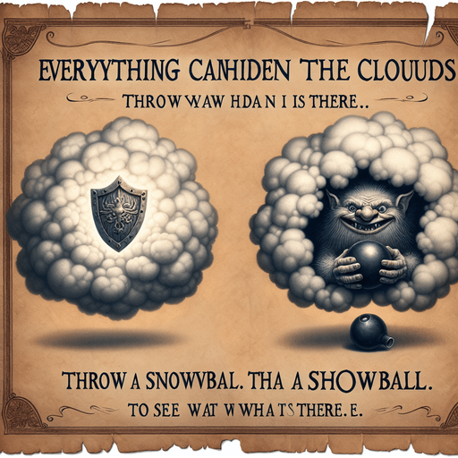a pergament with a snowball and two clouds, in one cloud is a powerful shield hidden, in a other cloud is a grinding grinch with a bomb.  There is the text: "Everything can be hidden in the clouds. Throw a snowball to see what is there."