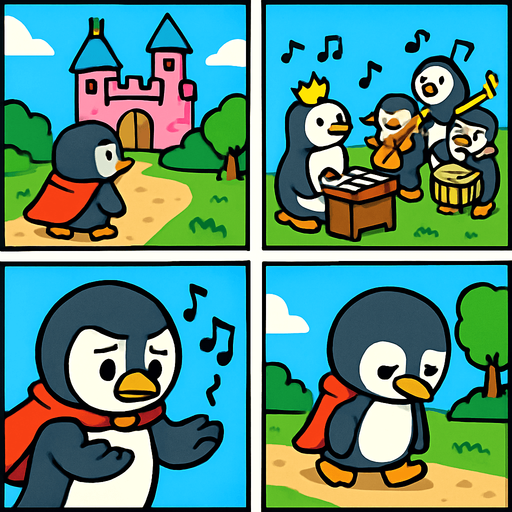 4-panel comic strip, no text, cute cartoon style, bright colors, black outlines.
Characters: Penguin Hero (small, determined) + Penguin Princess (elegant, crown) + Village Penguins
Central Theme: Music connects hearts, piano mastery wins love.  Hero doubts himself, thinks he's not good enough

Panel 1: Hero tries to approach Princess's palace but stops
Panel 2: Sees other talented penguins playing instruments near Princess
Panel 3: Hero looks at his flippers sadly, musical notes are wobbly/off-key
Panel 4: Hero walks away discouraged, head down.
In-Game asset.  2d.  High contrast.  No shadows