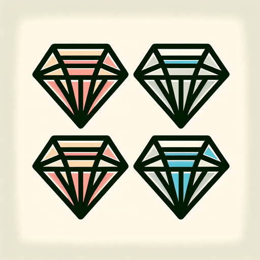 4 разных бриллианта с видом спереди, Обведенный, постэльные цвета.
Single Game Texture.  In-Game asset.  2d.  Blank background.  High contrast.  No shadows