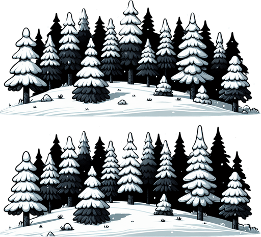 Tree line of snowy pine trees. Cartoon. Black background.
Single Game Texture. In-Game asset. 2d. Blank background. High contrast. No shadows.